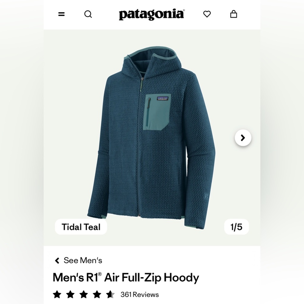 NWT Patagonia Men's R1® Air Full-Zip Hoody Teal S